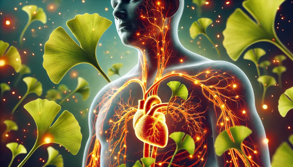 A conceptual visualization of blood circulation improvement with Ginkgo Biloba. The glowing, semi-transparent human vascular system highlights arteries and veins, with an overlay of Ginkgo leaves symbolizing enhanced circulation. The warm red and orange tones contrast with fresh green elements.