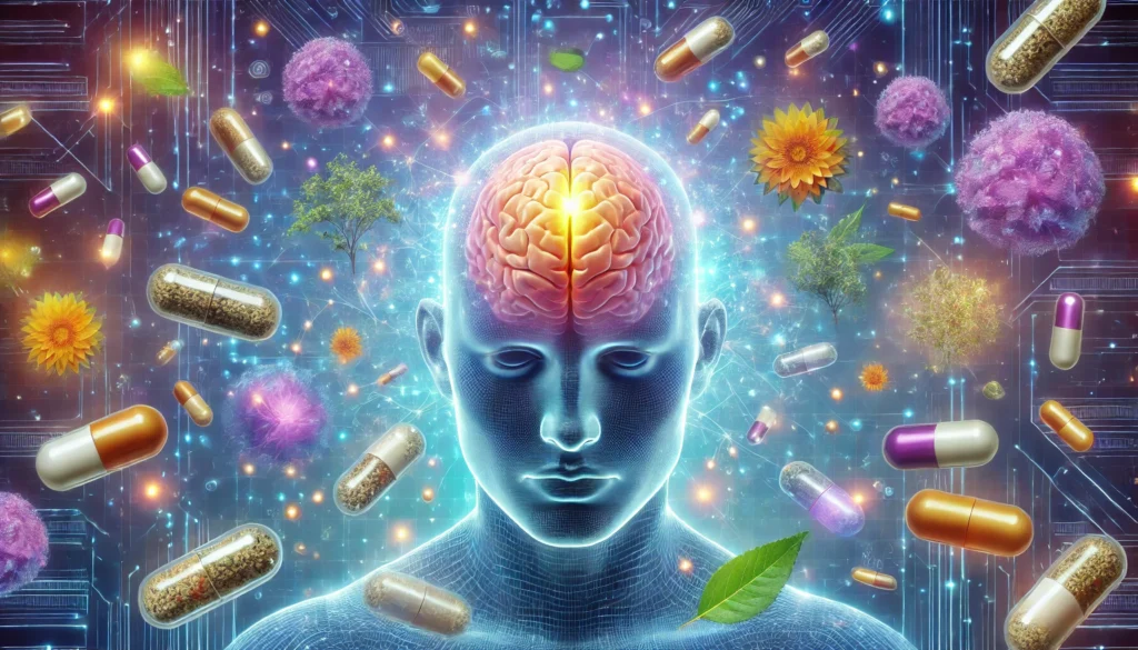A surreal visualization of brain-boosting supplements, featuring glowing capsules and herbal extracts floating around a radiant human brain. The futuristic high-tech background with blue and purple hues represents cognitive enhancement and focus.