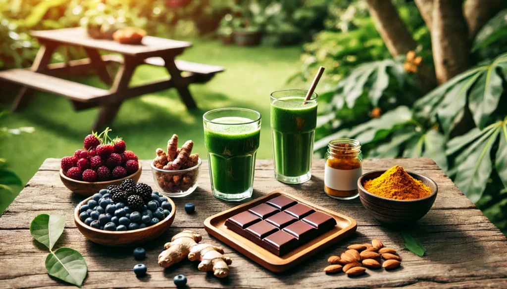 A serene outdoor scene with fresh berries, dark chocolate, a green smoothie, turmeric root, and almonds arranged on a wooden picnic table under natural sunlight.