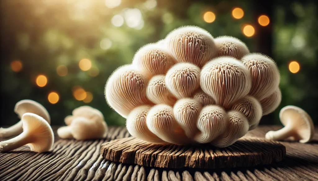 A visually rich close-up of fresh Lion’s Mane mushrooms on a rustic wooden surface, highlighting their soft, fluffy texture. The blurred background features natural greenery, symbolizing the mushroom’s cognitive-enhancing properties.