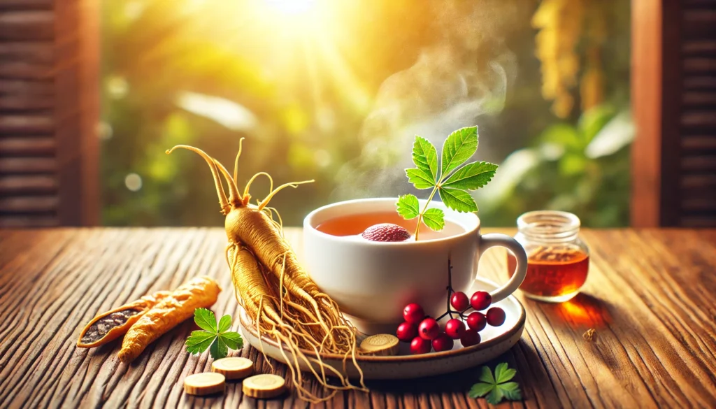 A steaming cup of herbal tea with ginseng roots and guarana berries on a wooden table, bathed in warm sunlight, representing natural energy boosters.