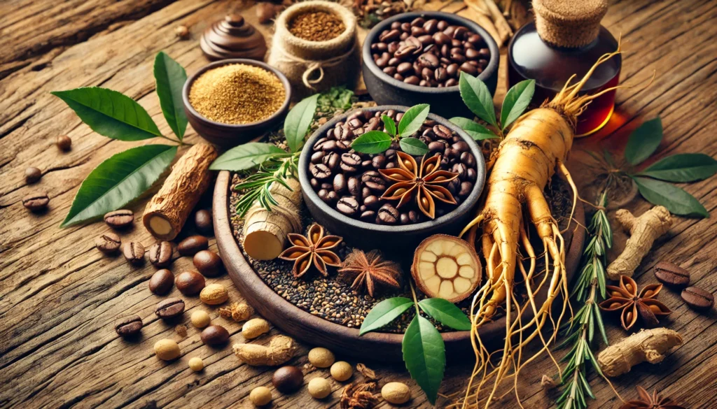 A close-up of natural stimulant ingredients like caffeine from coffee beans, ginseng root, green tea leaves, and guarana seeds, artistically arranged on a rustic wooden surface. The image highlights energy-boosting herbal sources in a warm, organic setting.
