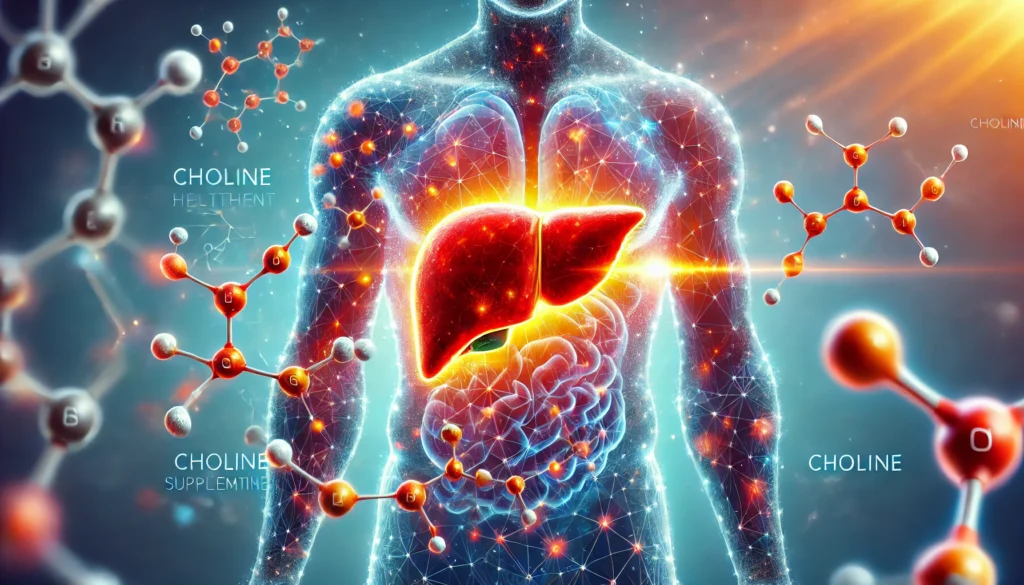 A conceptual image of a glowing, healthy human liver with vibrant red and orange hues, surrounded by choline molecules, symbolizing liver health and medical research.