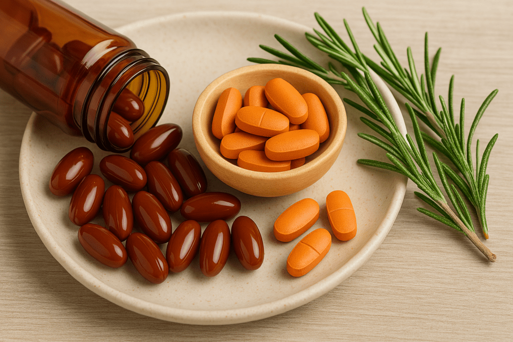 Close-up of red and orange vitamin B12 supplements on a ceramic plate with fresh rosemary and a glass bottle, representing natural energy-boosting nootropics.”