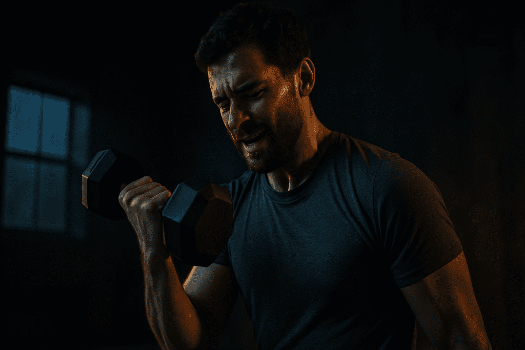 A focused, athletic man lifts a dumbbell during an intense nighttime workout, his muscles defined under moody, dramatic lighting with shadows casting across his face. The dark setting and determined expression emphasize how strength training can boost energy and reduce fatigue through physical exertion and mental resilience.
