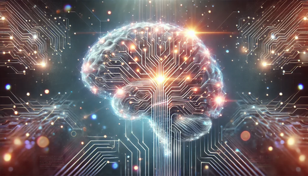 "Futuristic digital illustration of a human brain with glowing neural connections, symbolizing cognitive enhancement and mental resilience. The brain is illuminated with energy waves, set in a high-tech, cybernetic background with blue and purple hues."