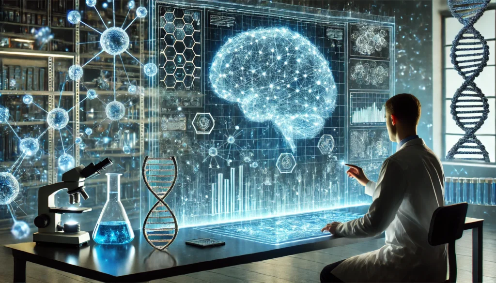 A futuristic science laboratory with a researcher analyzing brain activity on a high-tech screen, surrounded by glowing neural networks, DNA strands, and molecular structures, symbolizing cognitive enhancement through nootropic supplements.