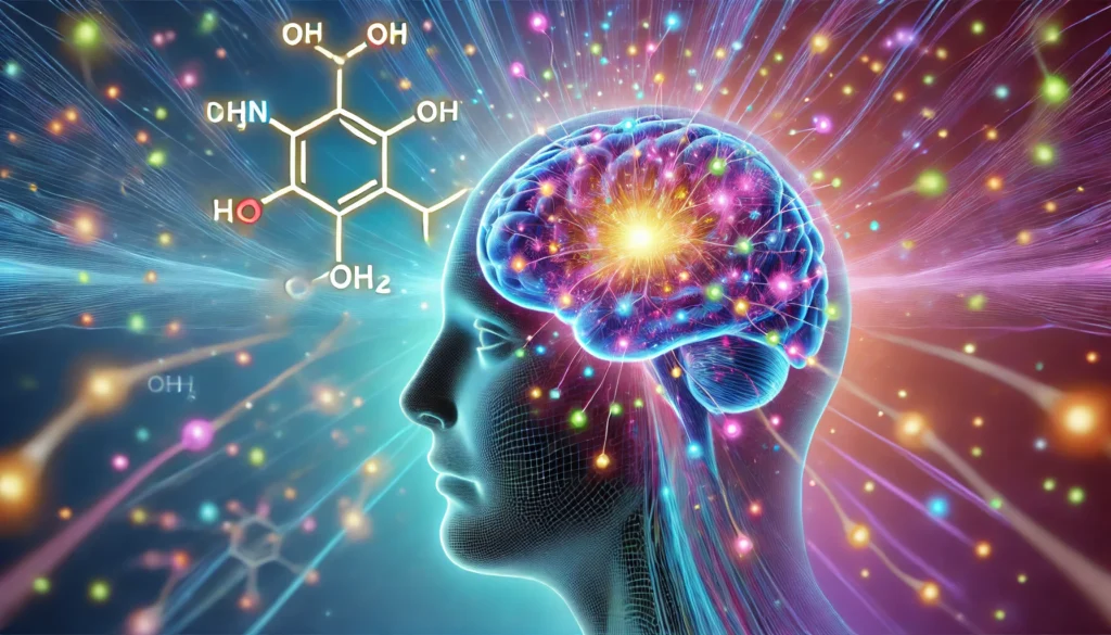 A vibrant conceptual image of a glowing neural network inside a human brain, illustrating the impact of L-Tyrosine on cognitive function. Colorful energy flows symbolize neurotransmitters like dopamine, enhancing focus and clarity.