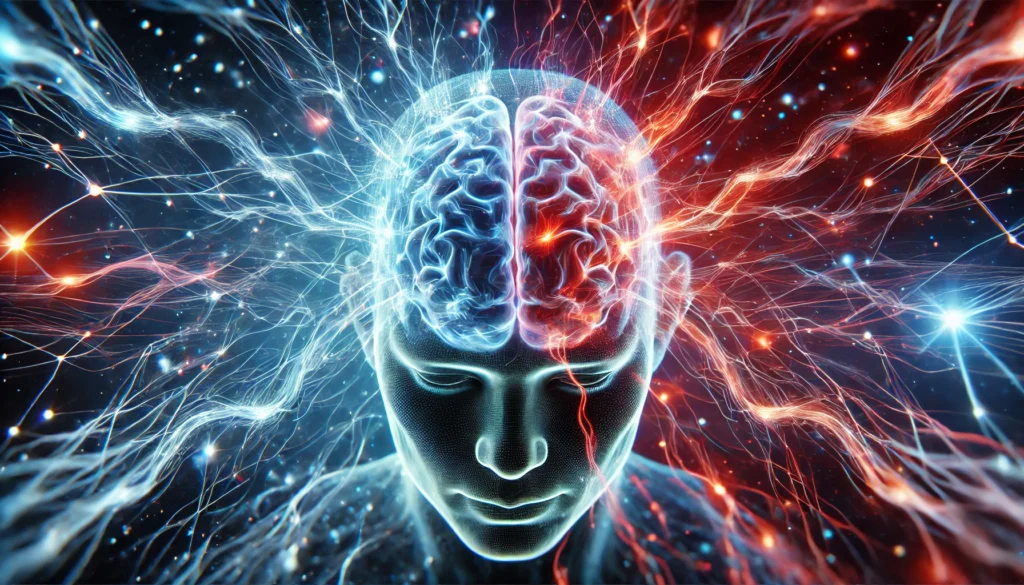 A scientific and futuristic depiction of neural pathways, with electric blue and red energy pulses symbolizing cognitive function and neurological risk factors.