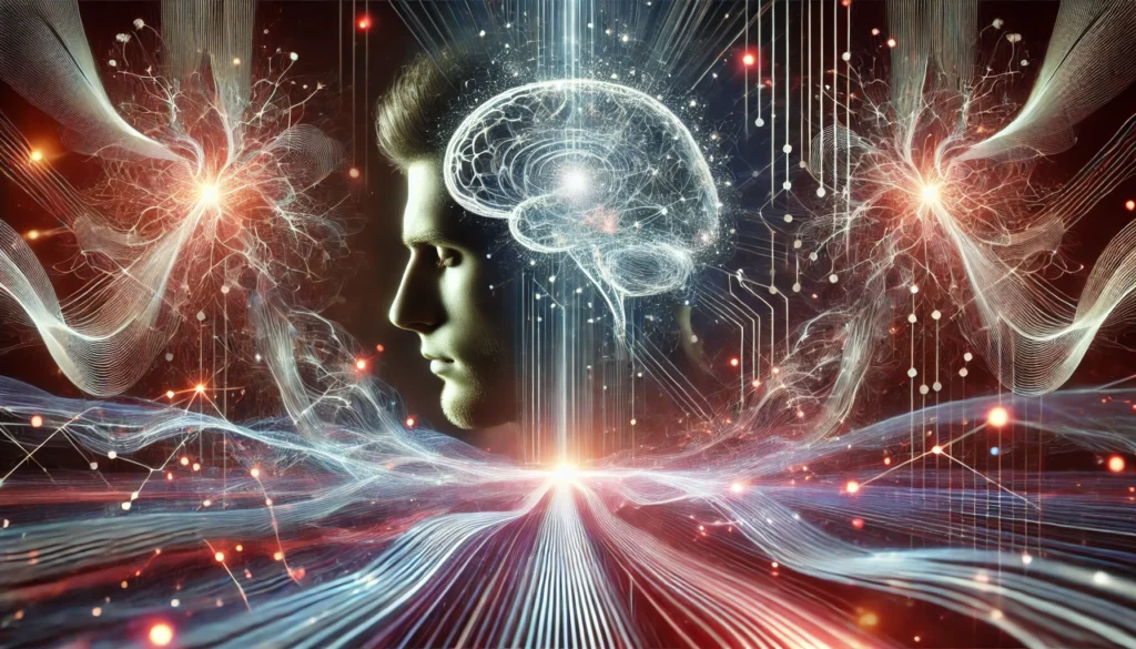 A visually compelling image of a person in deep concentration, encircled by abstract digital waves and glowing neural pathways, representing heightened cognitive function and focus due to Alpha-GPC supplementation.