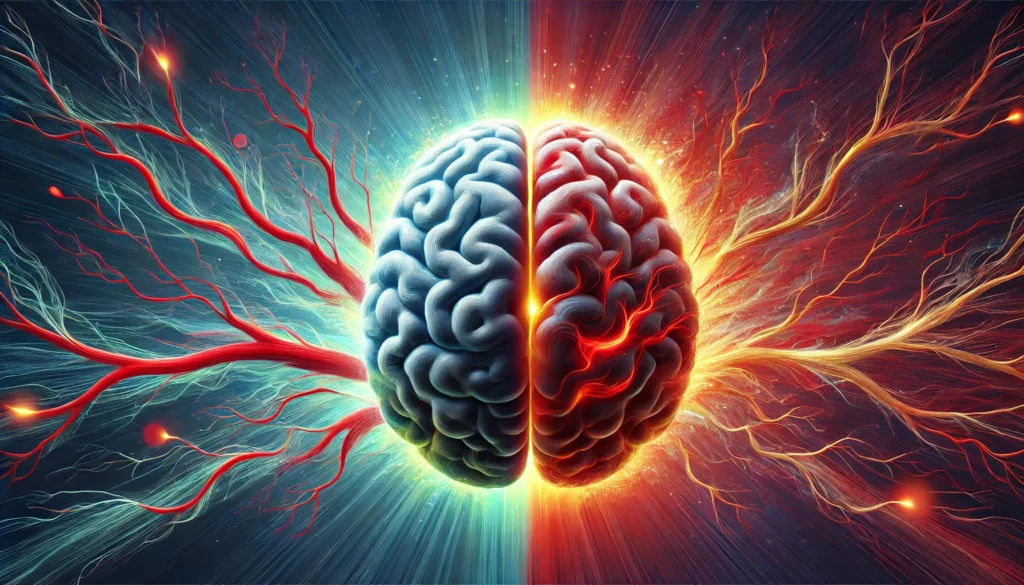 An artistic depiction of a brain split into two halves: one side glowing to symbolize cognitive enhancement, while the other appears darkened, representing stroke risk and vascular health concerns.