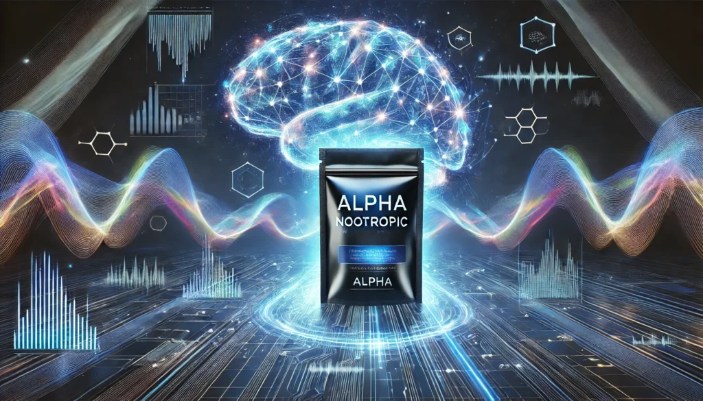 A modern high-tech representation of a nootropic pouch with swirling light trails and digital brainwaves, symbolizing intelligence, innovation, and enhanced mental performance through cognitive supplements.