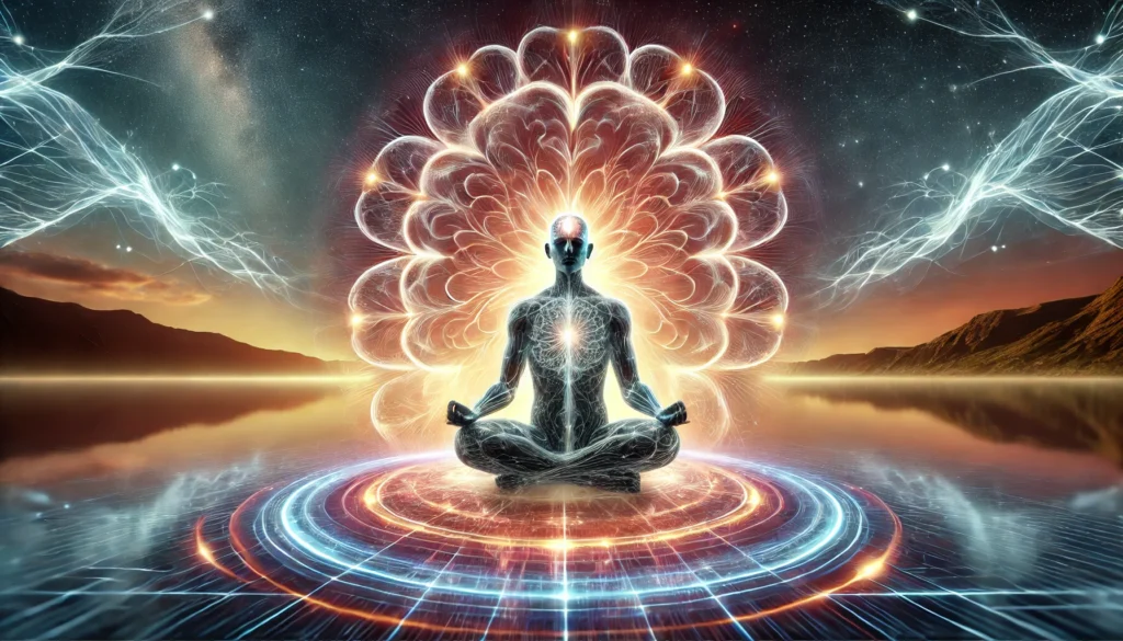 A serene image of a meditating individual enveloped by glowing energy waves, illustrating mental clarity, cognitive balance, and enhanced brain function in a tranquil, futuristic setting.