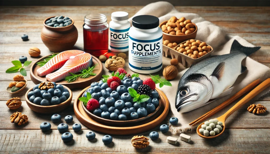 A wooden table with an assortment of brain-boosting foods like blueberries, nuts, fish, and green tea, alongside OTC focus supplements, illustrating a holistic approach to mental clarity.