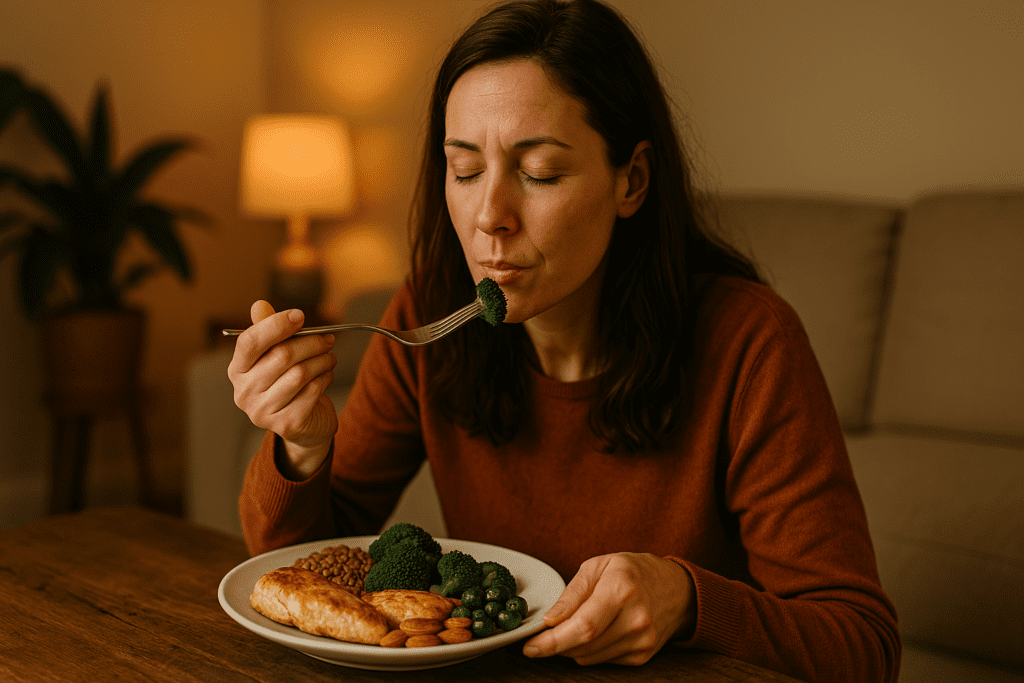 In warm indoor lighting, a woman enjoys a balanced dinner of salmon, broccoli, lentils, almonds, and blueberries, symbolizing how thoughtful food choices rich in serotonin precursors and protein can naturally ease anxiety and enhance sleep without disrupting REM cycles.