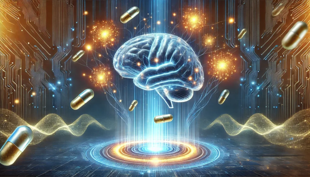 An artistic representation of cognitive enhancement: one side of the brain appears futuristic, embedded with circuits and glowing data streams representing pharmaceutical nootropics, while the opposite side features organic textures, roots, and herbal elements symbolizing plant-based cognitive boosters. The background is filled with radiant energy waves, signifying improved focus and alertness.