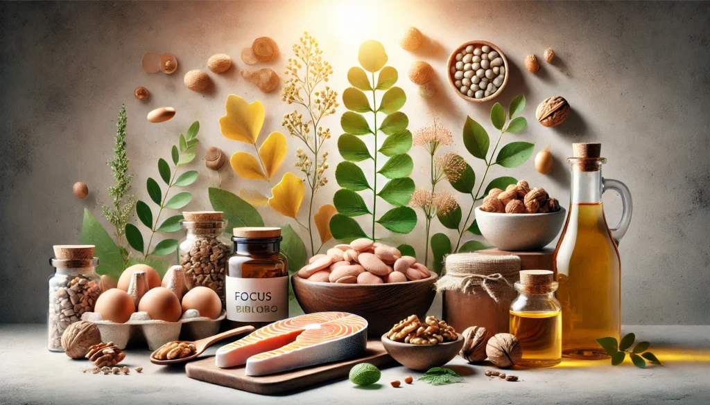 A visually engaging composition featuring natural brain-boosting ingredients like ginkgo biloba, bacopa monnieri, walnuts, and salmon, arranged on a modern background with bright, natural lighting emphasizing freshness and potency.