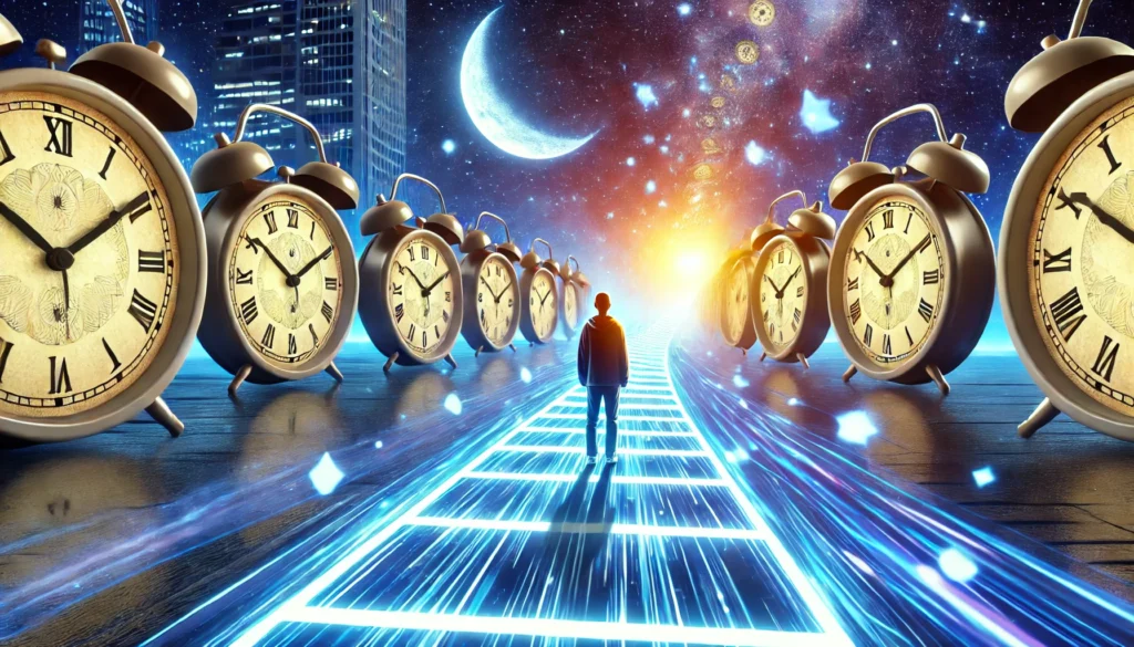 A surreal image of a person standing on a glowing pathway of clocks, symbolizing extended wakefulness, altered time perception, and the effects of Modafinil on alertness from night to day.