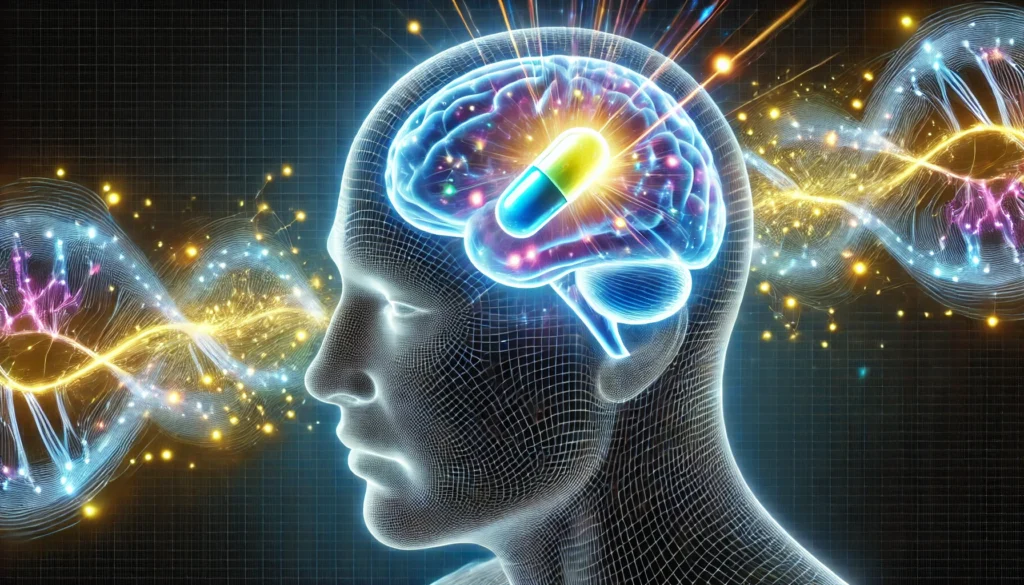 A conceptual image of a glowing nootropic pill dissolving into radiant energy inside a transparent human head, with illuminated neural pathways symbolizing cognitive enhancement and focus.