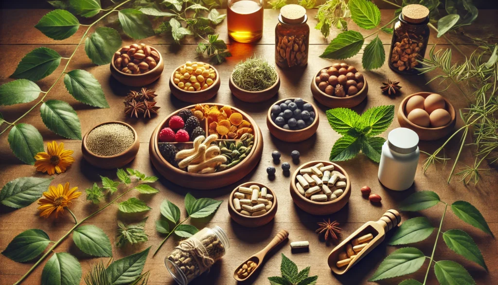 A wooden table adorned with small bowls of Mucuna Pruriens, Rhodiola Rosea, Ginkgo Biloba, and Ashwagandha, surrounded by fresh berries, supplement capsules, and green leaves, evoking a natural and organic wellness theme.