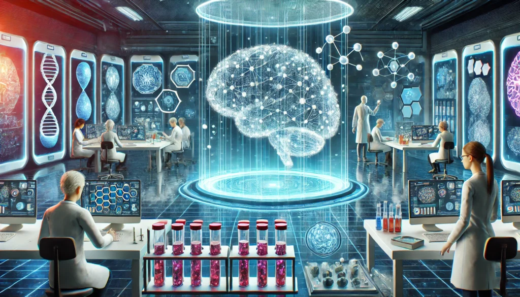A high-tech laboratory with scientists researching brain-enhancing medications, featuring advanced medical equipment, glowing chemical compounds, and a holographic brain projection displaying neural activity.