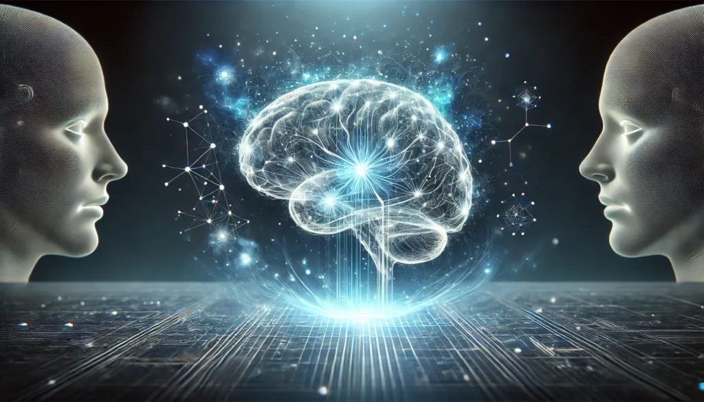 "A futuristic concept image of a human brain with glowing neural connections, symbolizing enhanced cognition. Blue energy mist surrounds the brain, indicating stimulation, set against a dark, softly glowing background."