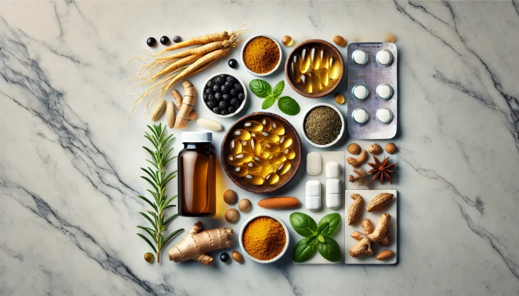 A stylish flat-lay composition of natural nootropic ingredients, including ginseng, omega-3 fish oil capsules, turmeric, and green tea extract, symbolizing natural cognitive enhancement and sustained energy.