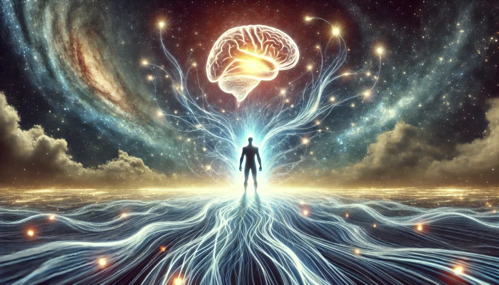 A surreal image of a person standing in a luminous field of energy with streams of light connecting their mind to the cosmos, symbolizing cognitive enhancement, nootropic effects, and mental clarity.