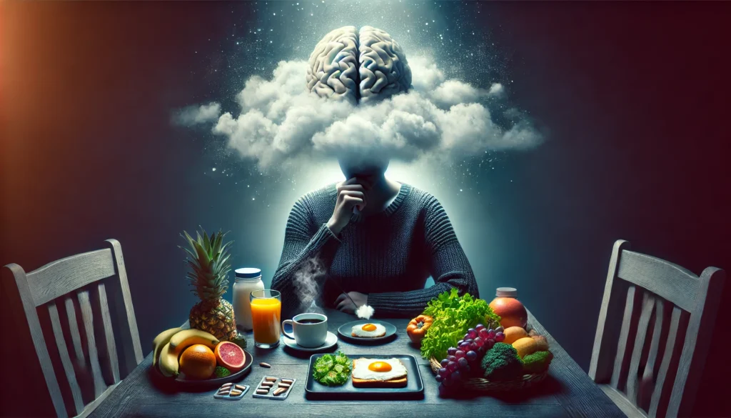 A person seated at a breakfast table, surrounded by healthy foods and vitamin supplements, yet appearing mentally drained and struggling to focus. A faint cloudy aura around their head symbolizes cognitive sluggishness caused by nutrient deficiency. The lighting transitions from dim to bright, representing the potential improvement with proper nutrition. The composition emphasizes the link between diet and mental clarity.