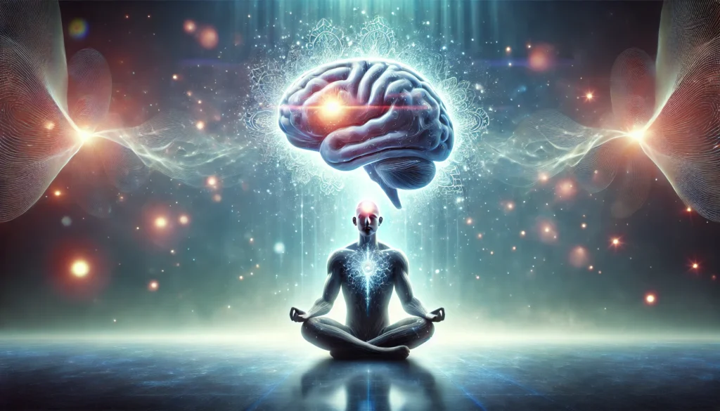 A serene futuristic concept of a person meditating with a glowing brain, symbolizing enhanced focus, memory retention, and cognitive clarity through supplementation.