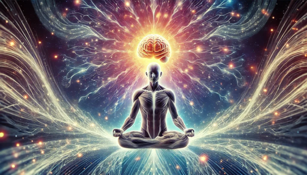 Artistic visualization of a meditative figure with a glowing brain, surrounded by radiant energy waves, representing enhanced cognitive function, wakefulness, and mental expansion.