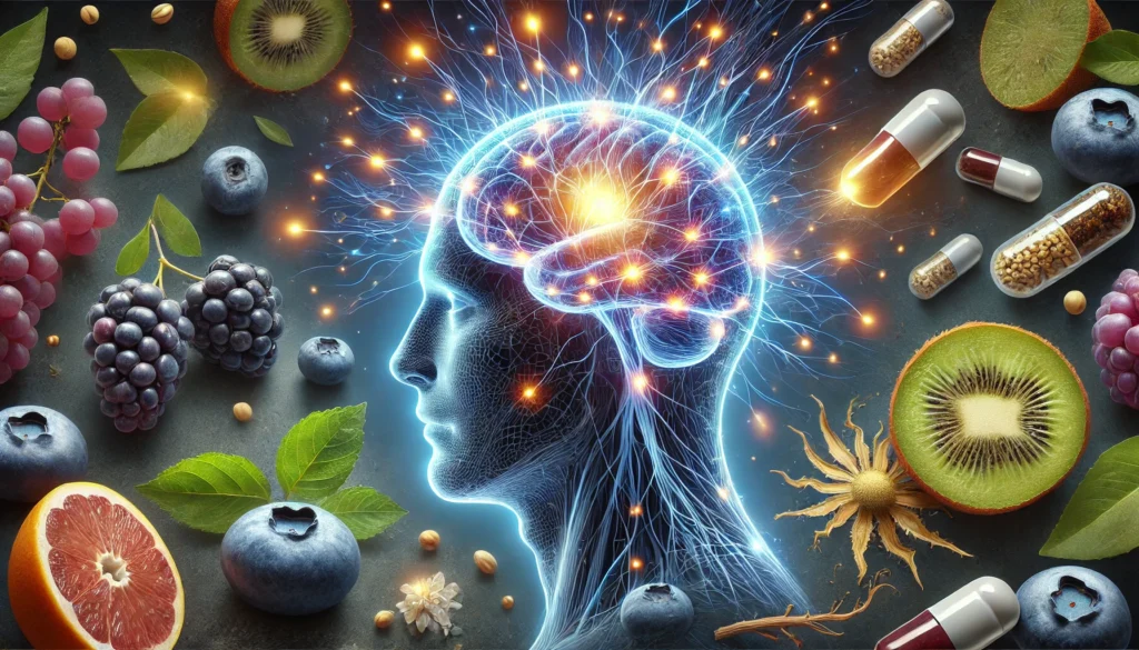 A dynamic representation of a human head with glowing neural connections, symbolizing enhanced cognition and mental wakefulness, with natural elements like blueberries, ashwagandha, and vitamin capsules.