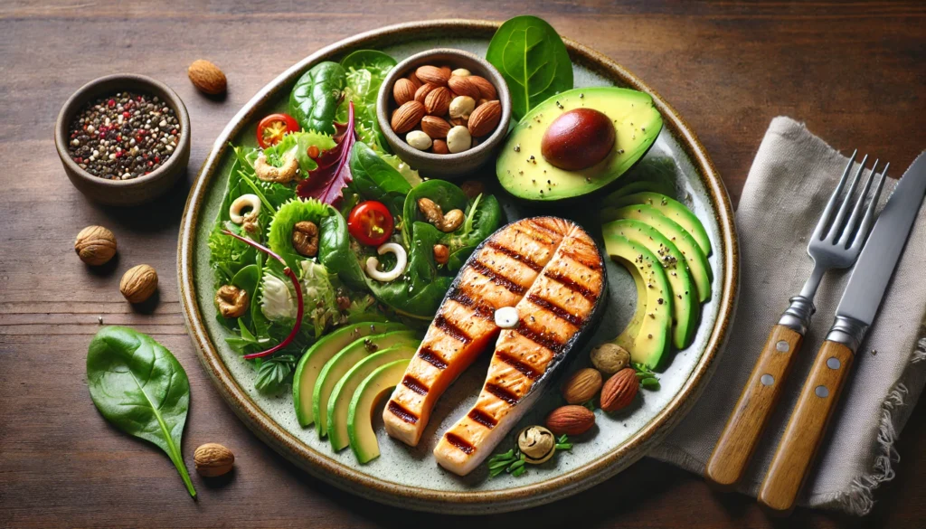 A beautifully plated meal showcasing brain-boosting foods, including grilled salmon, leafy greens, avocado slices, and a handful of nuts, elegantly presented on a ceramic plate with a wooden background, emphasizing a nutritious and delicious meal for enhanced mental clarity.