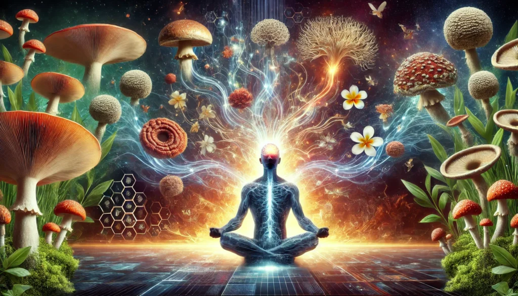 A person in deep meditation surrounded by floating medicinal mushrooms, with neural energy waves emanating from their head, symbolizing cognitive enhancement, mental clarity, and the synergy of ancient and modern brain-boosting practices.