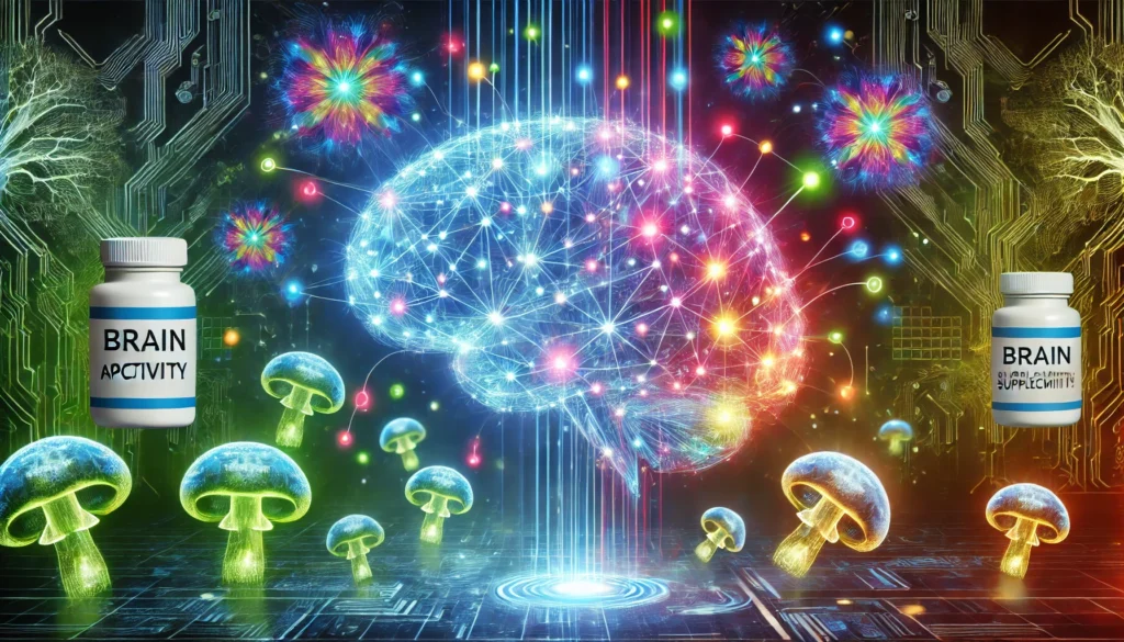 A futuristic digital visualization of an active brain, with glowing neural pathways representing heightened cognitive function and creativity. Abstract mushroom-like elements in the background emphasize the role of natural supplements in brain health.