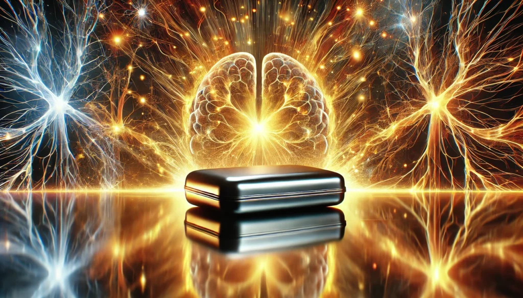 High-energy nootropic energy pouch resting on a sleek reflective surface, surrounded by golden and orange energy bursts. The background features glowing neural pathways, representing mental clarity and stamina."