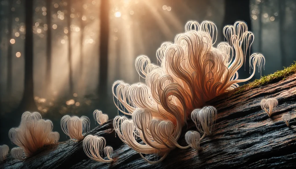 A close-up of Lion’s Mane mushrooms growing on an ancient tree trunk, bathed in soft morning light with their delicate tendrils glowing faintly, representing neural regeneration and cognitive vitality in a mystical forest setting.