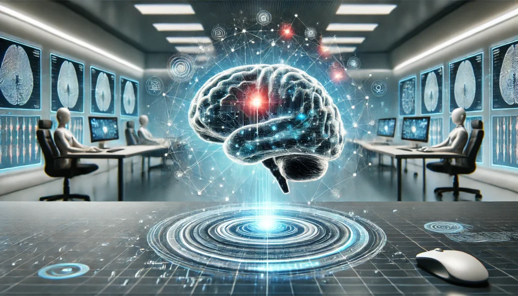 A futuristic holographic brain interface displaying streaming neural data, representing high-level cognitive processing, neuroplasticity, and the scientific foundation of intelligence enhancement in a cutting-edge laboratory setting.