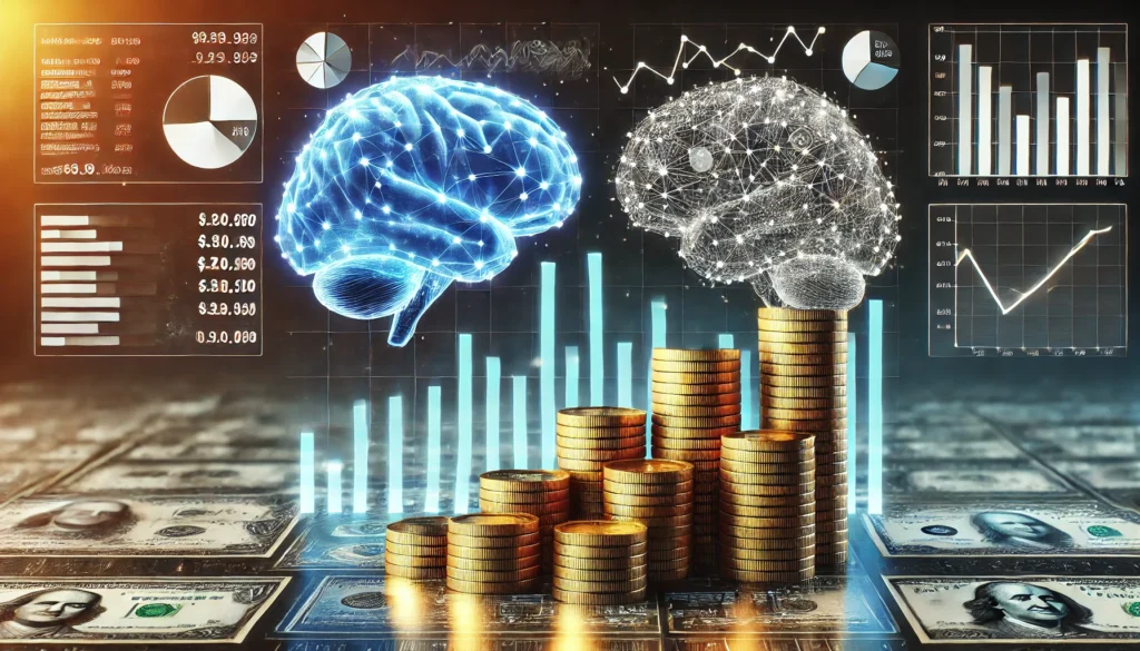 A conceptual financial visualization showing a glowing brain above stacks of gold coins and digital financial charts, symbolizing the cost of cognitive enhancement.