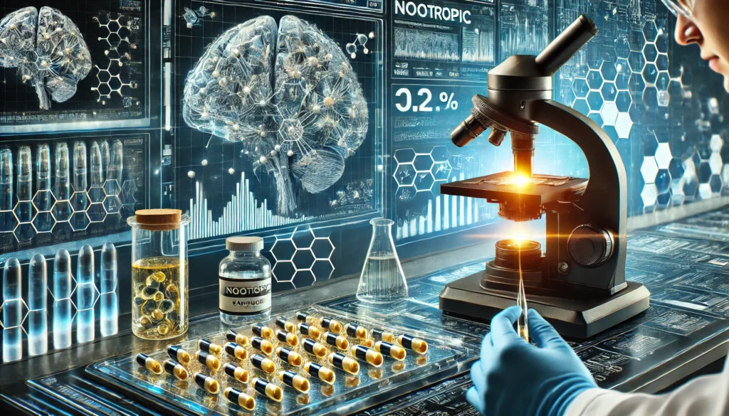 A researcher examining nootropic capsules under a powerful microscope, with digital screens showing brain scans and molecular structures of cognitive enhancers.