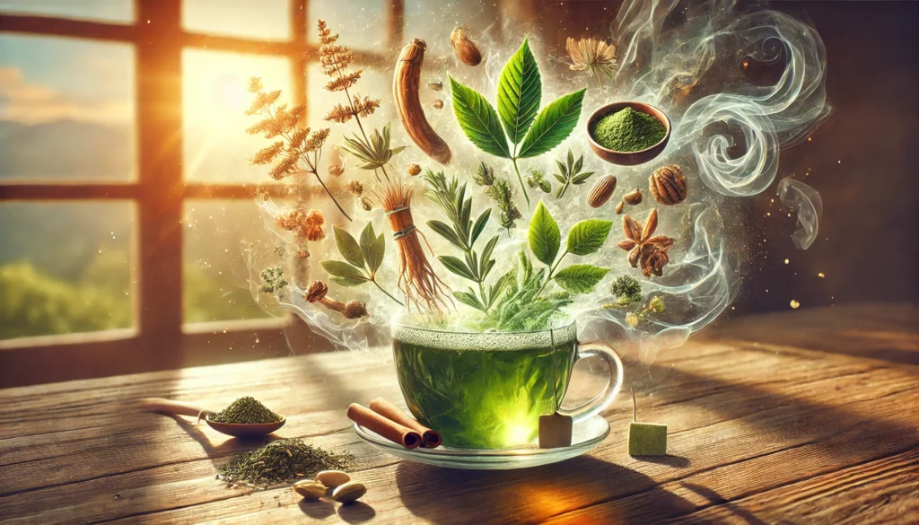 An artistic depiction of a morning energy boost, featuring a steaming cup of herbal tea infused with ginseng, matcha, and adaptogenic herbs, bathed in warm sunlight streaming through a window, symbolizing natural cognitive enhancement.