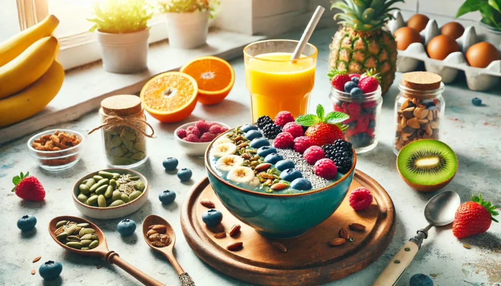 A bright and airy breakfast scene featuring a smoothie bowl with nuts and berries, a fresh juice, and a small container of natural supplements, symbolizing a healthy and energized start to the day.