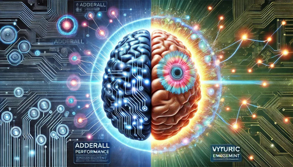 A striking image contrasting a cybernetic, digital circuit-infused brain glowing intensely (representing Adderall) with a naturally radiant brain surrounded by an energy aura (symbolizing Vyvamind), illustrating the differences between synthetic and natural cognitive enhancement.