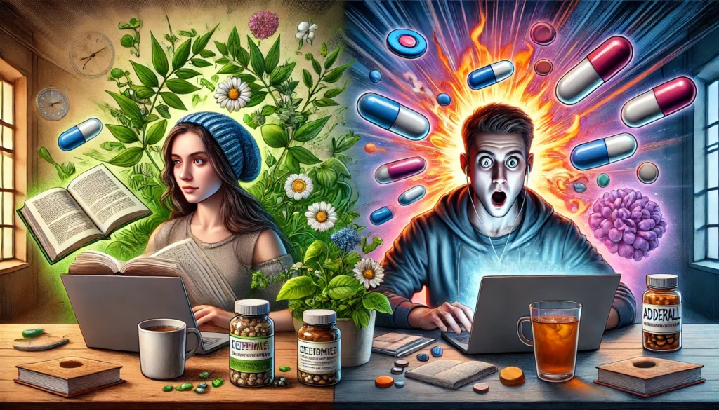 A side-by-side comparison of two individuals studying, with one reading calmly in a natural setting with herbal supplements and tea, while the other intensely works on a laptop surrounded by energy drinks and pill bottles, representing Thesis Nootropics vs. Adderall.