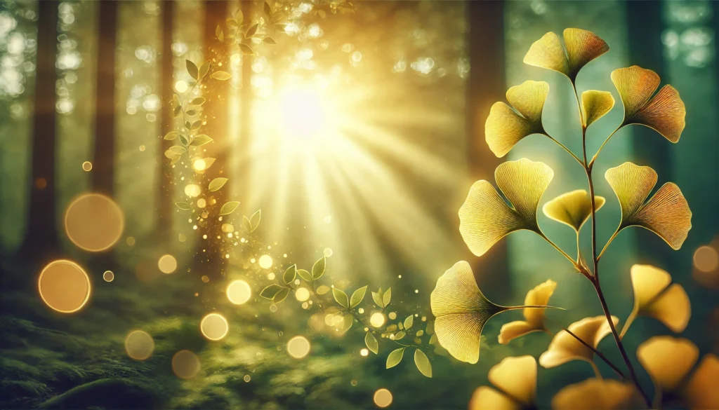 ALT Text: Close-up of golden Ginkgo Biloba leaves glowing in a peaceful forest setting with soft sunlight and dreamy background, symbolizing natural cognitive clarity and inspiration.