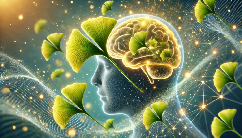 Ginkgo Biloba leaves floating above a glowing human brain made of light particles, symbolizing natural cognitive enhancement and brain function.