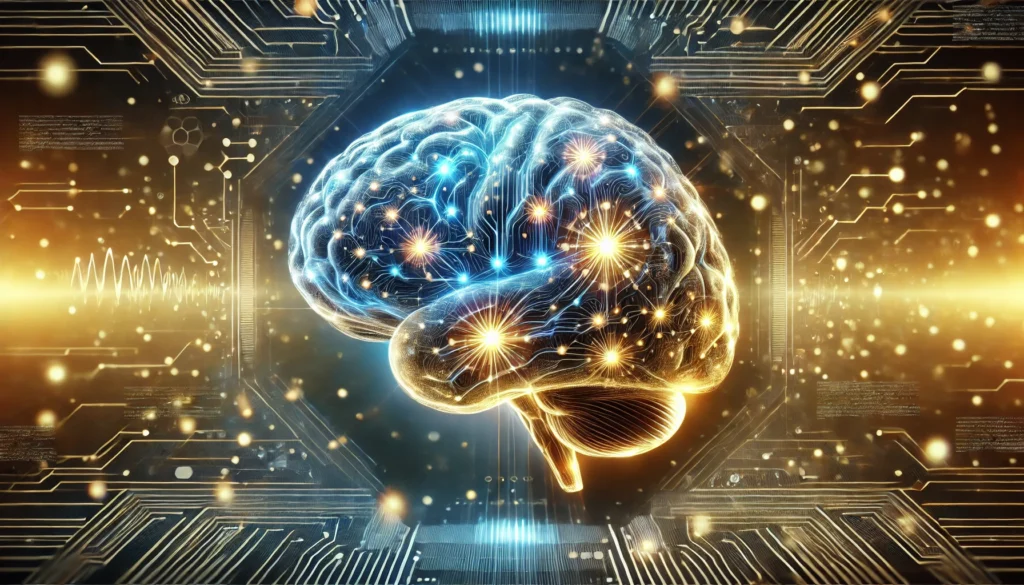 A futuristic high-tech brain with glowing neural connections, symbolizing enhanced cognitive function and memory, set against an abstract digital interface.