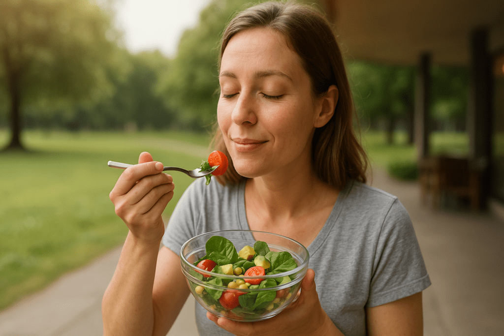 A young Caucasian woman enjoys a fresh salad in the soft morning light of a quiet park. Surrounded by blurred greenery, she holds a glass bowl of spinach, chickpeas, avocado, and cherry tomatoes, reflecting the benefits of eating whole foods for natural energy and mental clarity.