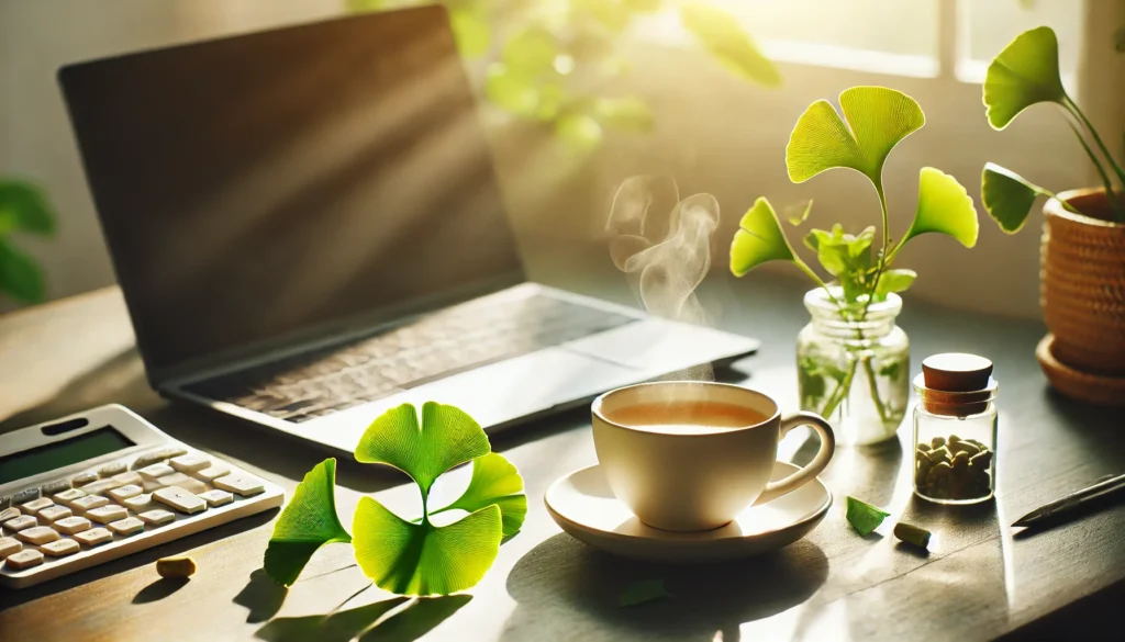 A peaceful morning workspace featuring a steaming cup of coffee and fresh Ginkgo Biloba leaves beside a laptop, bathed in warm sunlight, symbolizing mental clarity and natural focus.