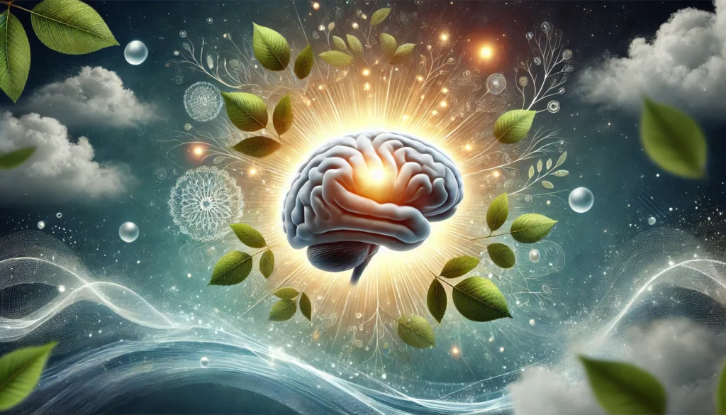 Glowing human brain surrounded by natural elements like leaves, water, and sunlight, conceptually representing enhanced cognition and energy through natural support.